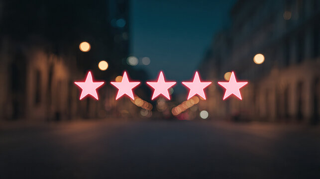 A blurred city street features five glowing pink stars, symbolizing ratings or reviews against a softly lit background.