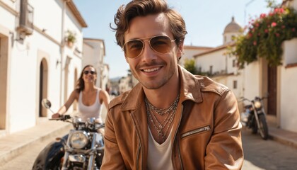 Smiling man wearing sunglasses, brown leather jacket poses in sunny urban street with motorcycle, blurred woman background. Captures carefree lifestyle, summer vacation moments, fashion confidence.