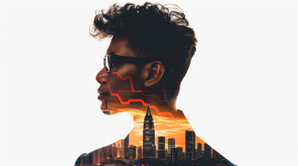 Creative double exposure image featuring profile of man with city skyline and financial graph overlay, symbolizing connection between urban life and economic trends