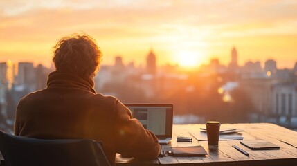 rise of digital nomads Person working on a laptop at sunset, overlooking a city skyline with a coffee cup nearby. digital nomad cozy setup