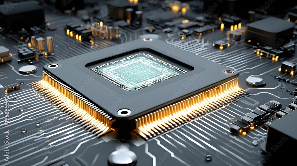 Poster high-tech close-up of a central processing unit chip on a complex circuit board, showcasing intricat