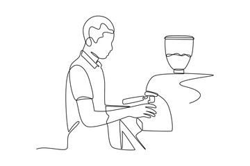 simple continuous line draw of coffee making process by barista. Coffee shop minimalist concept. Barista activity.