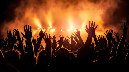 Crowd at concert with raised hands, illuminated by bright stage lights, creating vibrant and energetic atmosphere. scene captures excitement and unity of live music events