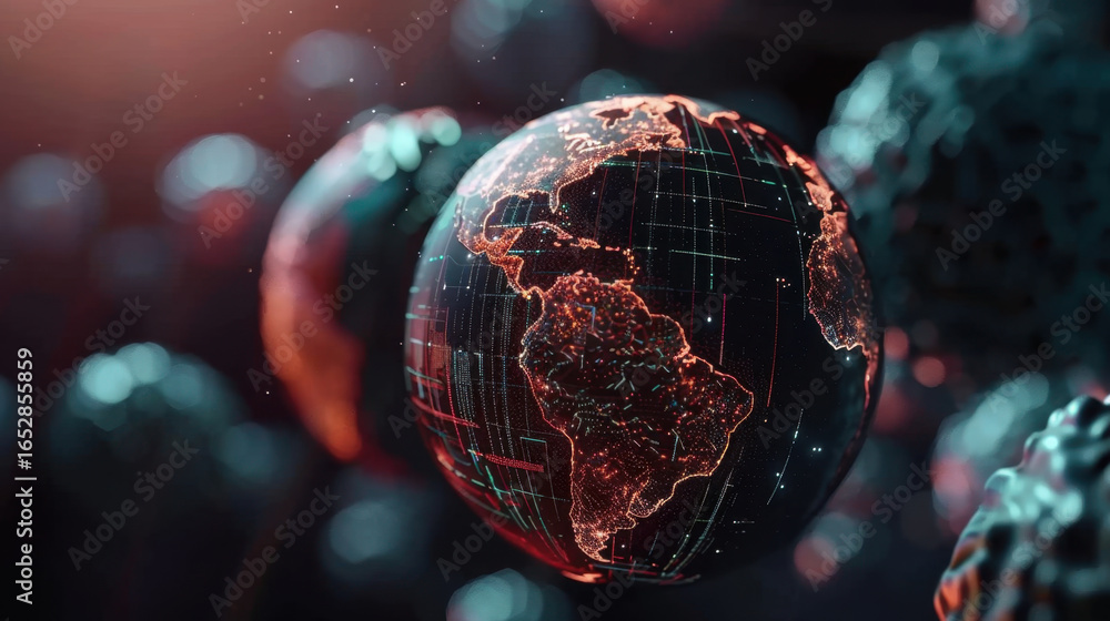Poster digital representation of globe showcasing americas with glowing lines and data points, symbolizing 