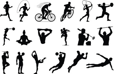 Silhouettes of various sports and fitness activities including running, cycling, yoga, weightlifting, archery, boxing, and dynamic athletic movements for active lifestyle.