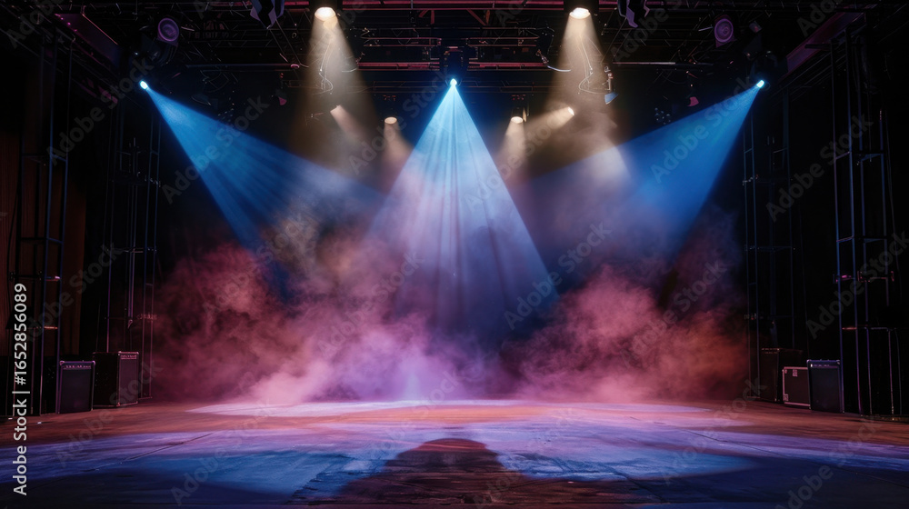 Poster dramatic stage scene featuring vibrant lighting beams cutting through smoky atmosphere, creating eng