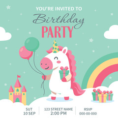 Unicorn Invitation. Cute vector birthday invitation with a unicorn on a cloud, balloons, rainbow and castle. Mint and hot pink shades will create a magical fairy tale atmosphere at a children's party © AyaLinesDesign