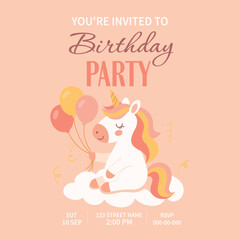 Unicorn Invitation. Vector gentle birthday invitation with a unicorn holding balloons. Pastel pink, peach, gold shades create a magical atmosphere for a children's party