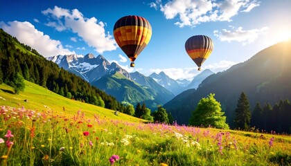Obraz premium Colorful alpine meadow with hot air balloons