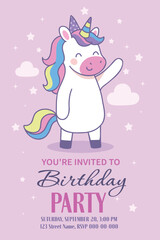 Unicorn Invitation. Vector vertical cute birthday invitation with a unicorn surrounded by clouds and stars. Pastel purple, white, pink shades create a magical atmosphere for a children's party