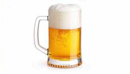 Refreshing Glass of Golden Beer with Creamy Foam on Bright White Background Inviting Thirsty Drinkers