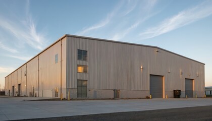 Fototapeta premium Expansive modern industrial warehouse building constructed from durable metal with clean exterior. Features large roll-up garage doors, bright sky backdrop. Spacious facility suits storage,