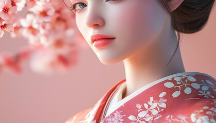Female Wearing A Cherry Blossom Japanese Kimono - A Beautiful Traditional Garment Featuring Delicate Floral Patterns And Intricate Design Details.