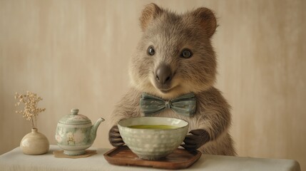 Quokka with Matcha Tea in Japanese Vintage Setting