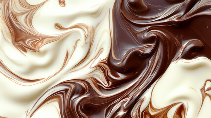 Abstract swirling pattern of white and dark chocolate, rich textures, and colors, culinary art
