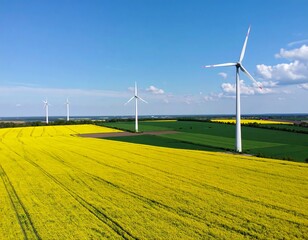 Wind turbines over a field of blooming canola with a blue sky vista