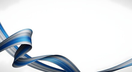 Abstract blue and gray ribbon-like design flowing across a white background, creating a dynamic visual effect.