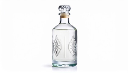 Elegant Bottle of Clear Vodka Featuring Intricate Silver Emblem in Soft Light Capturing Sophistication
