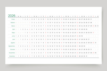 2026 Spanish calendar. Linear planner for year. Yearly horizontal calender template. Schedule table with 12 months. Desk timetable grid. Week starts Monday. Landscape orientation. Vector illustration.
