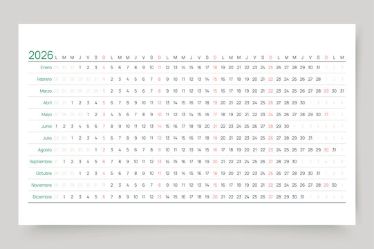 2026 Spanish calendar. Linear planner for year. Yearly horizontal calender template. Schedule table with 12 months. Desk timetable grid. Week starts Monday. Landscape orientation. Vector illustration. - Powered by Adobe