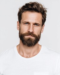 Obraz premium Portrait of a handsome man with a beard looking at the camera, isolated on a white background. Close-up view, studio shot, wearing a white t-shirt.
