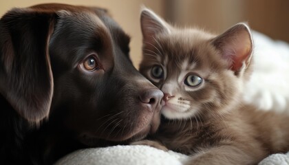 Gorgeous Brown Kitten And Dog Sitting On White Blanket With Close-Up Of Muzzle: Adorable Pet Duo In Focus.