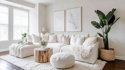 Cozy modern living room featuring a plush white sectional sofa adorned with decorative pillows, natural wood coffee table, and stylish indoor plants for a serene atmosphere