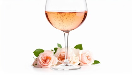 Elegantly Styled Rose Wine Glass Surrounded by Fresh Blooming Rose Flowers on a Bright White Background
