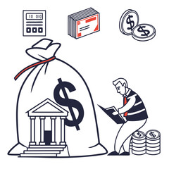 Man reviewing financial documents next to a large money bag with a bank and dollar sign coins and calculator