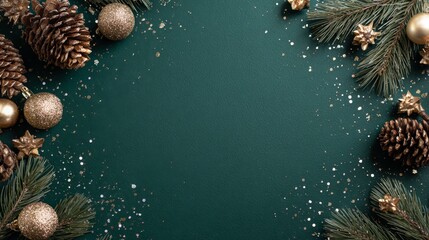 Dark green Christmas background with natural pinecones, fir branches, and gold holiday decorations