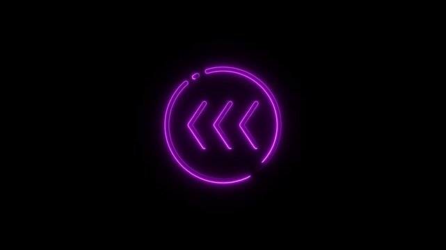 Neon purple rewind button icon glowing on black background abstract motion graphic symbol for