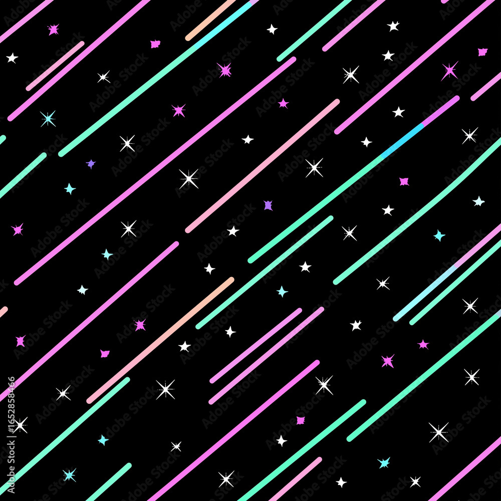 Poster abstract seamless pattern featuring diagonal colorful stripes and stars on a black background