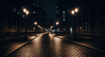 Dim city street at night with illuminated lamps and dark buildings