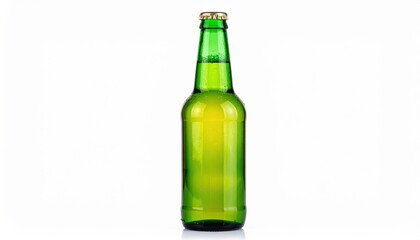 Green Beer Bottle on Clean White Background Evoking Refreshment and Celebration in a Minimalist Style