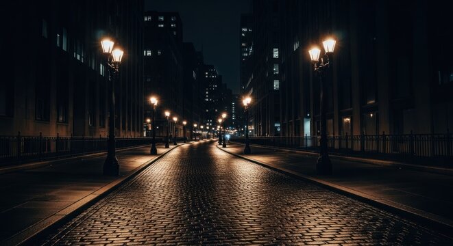 Fototapeta Dim city street at night with illuminated lamps and dark buildings