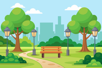 Obraz premium City Summer Park with Trees, Bench, and Lantern Vector