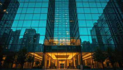 Modern bank building glass facade urban skyline evening light teal, gold hues. Reflection of city buildings at sunset. Business district architecture, financial institution, office space, business