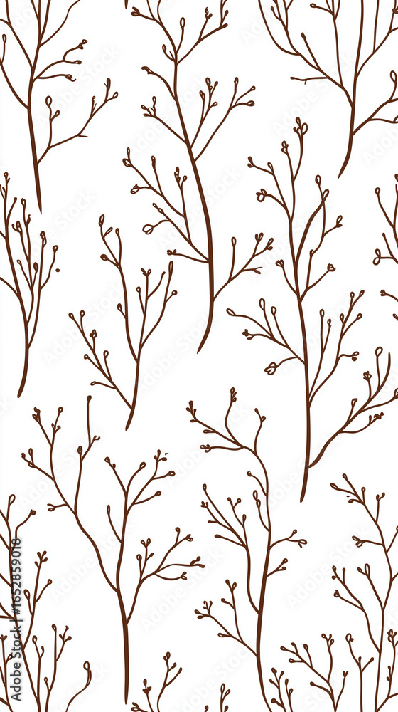 Poster seamless pattern showing brown tree branches with small buds on a white background