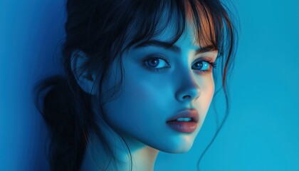 Naklejka premium Stunning Vertical Portrait Of A Beautiful Young Woman With Bright Blue Lighting Creating A Striking And Captivating Image.