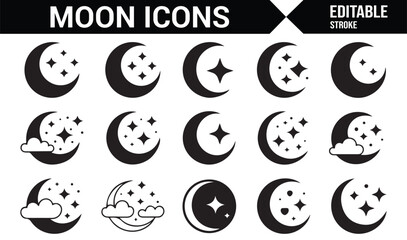 Editable Crescent and Star Moon Icon Set for Graphic Design