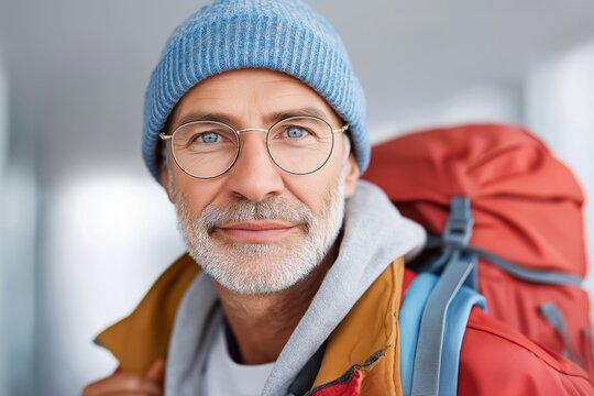 Confident older man with backpack and beanie smiling in casual travel outfit, symbolizing adventure, vitality and ageless exploration