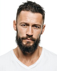 Obraz premium Portrait of a handsome man with a beard looking at the camera, isolated on a white background. Close-up view, studio shot, wearing a white t-shirt.