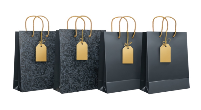 Four dark gray shopping bags, each featuring a patterned design and a gold tag - Powered by Adobe