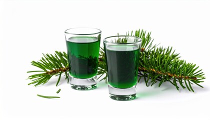 Refreshing Green Tea in Elegant Glasses Surrounded by Lush Pine Branches Evoking Tranquil Nature Vibes