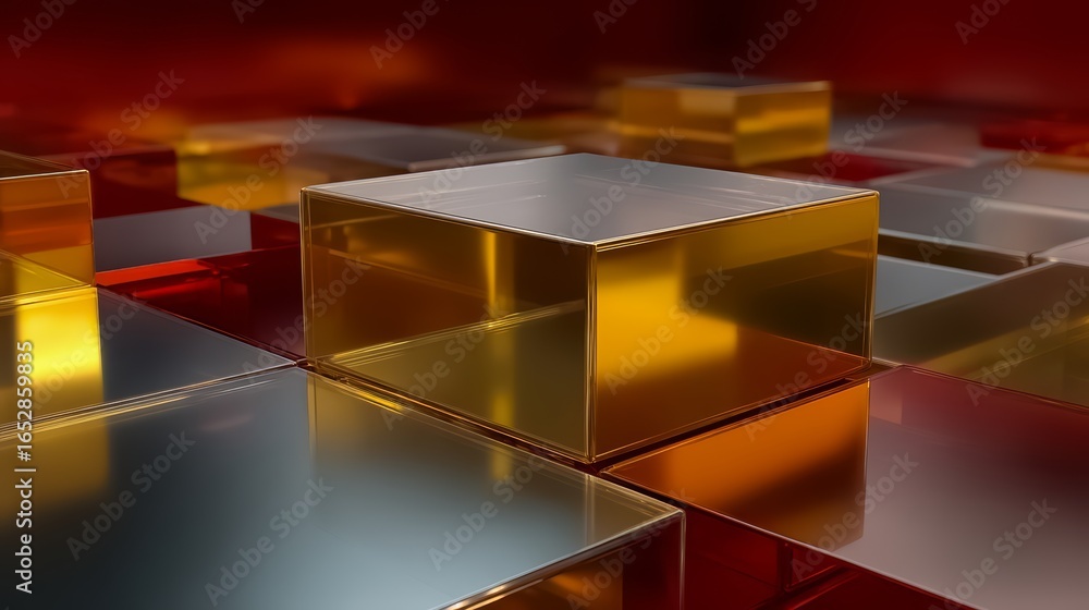 Poster close up of a cube made of glass with a red background. the cube is surrounded by other cubes of dif