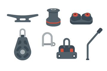 Modern Flat Design Nautical Equipment Collection: Essential sailing accessories including cleats, winches, fairleads, pulleys, shackles, and winch handles for marine and maritime themes.