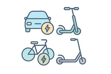 Diverse Electric Vehicle Collection: Cars, Scooters, and Bicycles Representing Clean Energy, Sustainable Urban Transportation, and Futuristic Mobility Concepts in a Stylized Graphic.