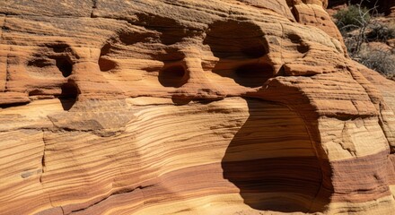 Eroded rock formation with varied layers and rounded cavities in desert