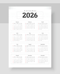 One Page Calendar 2026. Calendar template 2026 for wall and desk use. Business minimal modern 2026 calendar.