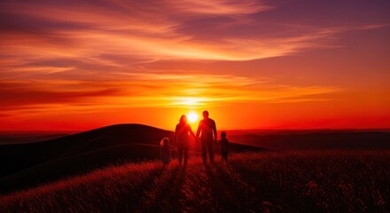 Family silhouette holding hands, against a vibrant red-orange sunset